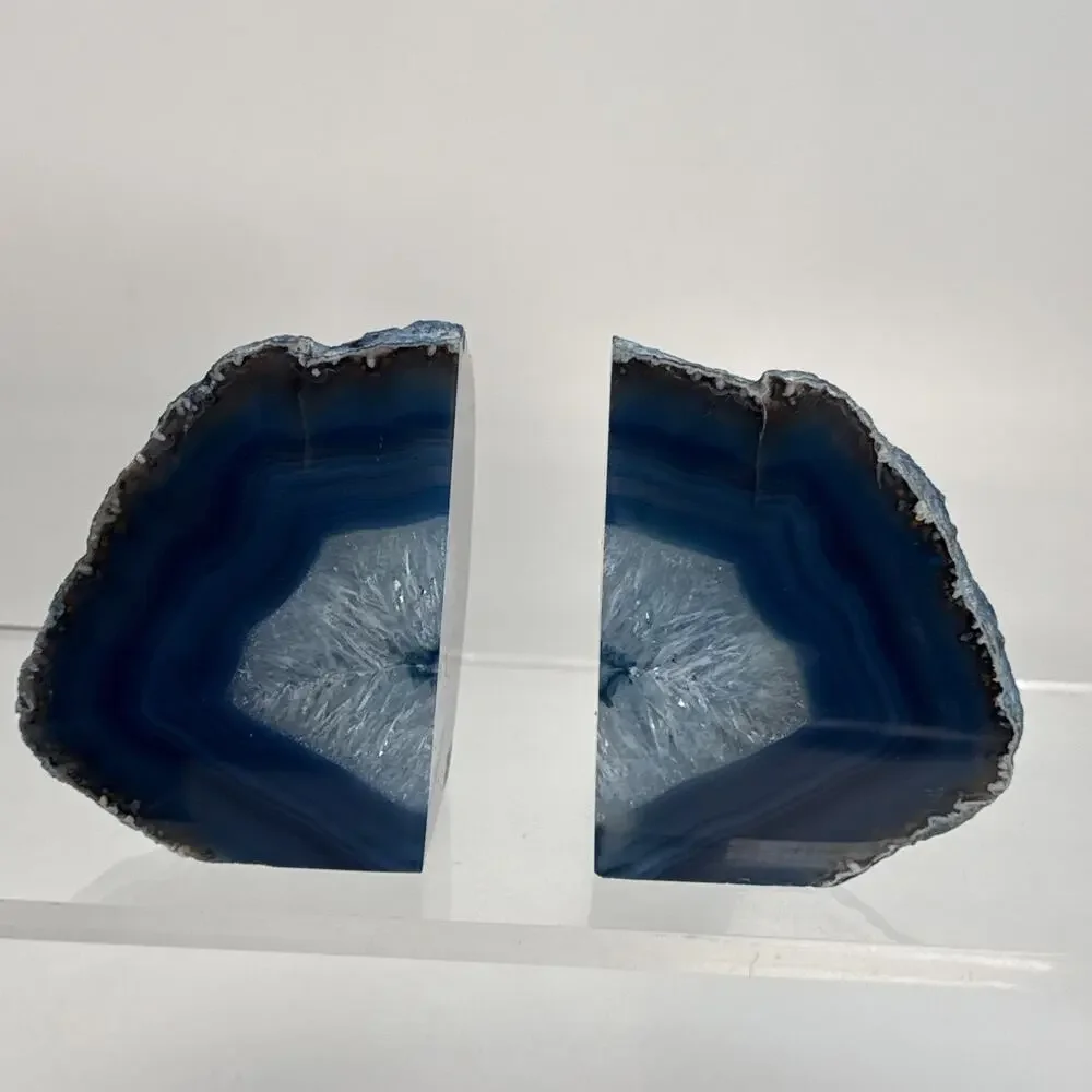 1 Pair 5.25” Polished Blue Brazilian Agate Geodes Bookends W/Beautiful Crystals